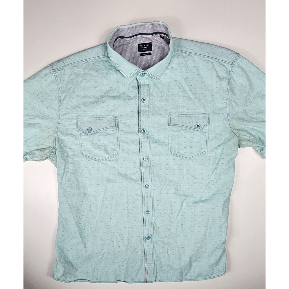 7 DIAMONDS Men's XXL Classic‎ Fit Button Down Pockets Textured Blue Short Sleeve